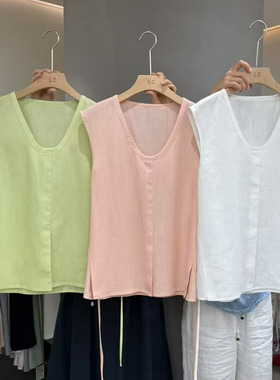 LAS CELULA正品实体店同款设计感绿色U领无袖背心女系带上衣潮