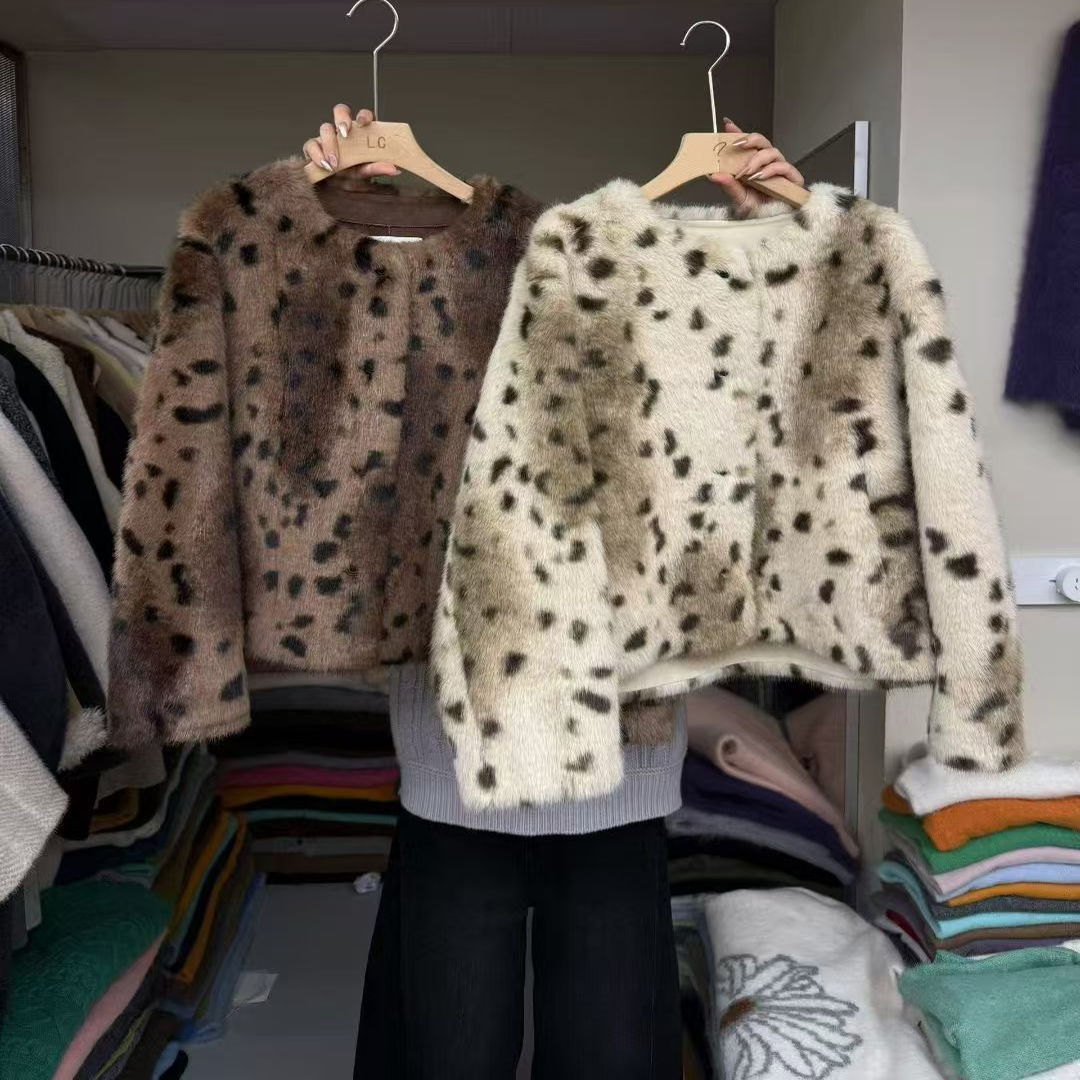 豹纹仿羊羔毛短外套女皮毛一体