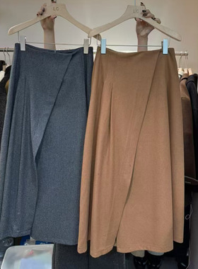 LASCELULA正品实体店同款设计感暮灰色斜开叉羊毛半身裙女A字半裙