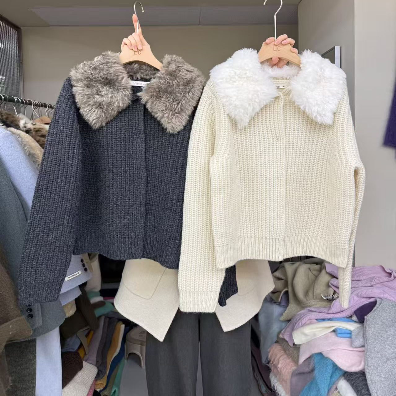 毛毛领针织开衫女秋冬翻领毛衣潮