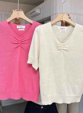 LASCELULA正品实体店同款设计感抽褶玫红色V领短袖宽松上衣女春夏