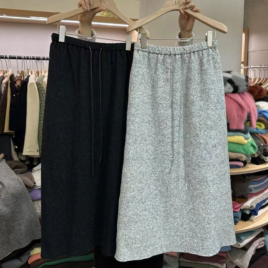 中长款A字羊毛松紧腰半身裙女