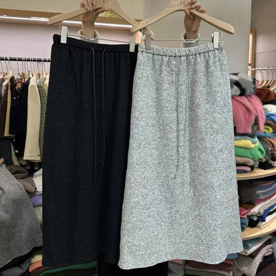 中长款A字羊毛松紧腰半身裙女