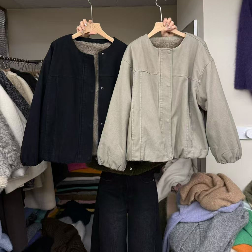 休闲风圆领牛仔加厚毛毛短外套女