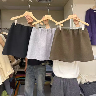 LAS CELULA正品实体店同款松紧腰毛呢A字半身裙女百搭防走光短裙