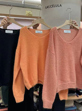 LASCELULA正品实体店同款白色V领套头羊毛毛衣女宽松百搭针织上衣