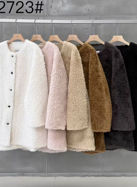 LAS CELULA正品实体店同款韩版宽松圆领皮毛一体外套女羊羔毛大衣