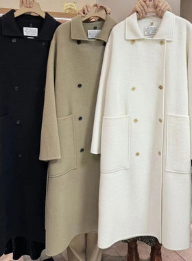 LAS CELULA正品实体店同款黑色双排扣收腰阔版双面羊毛大衣女外套