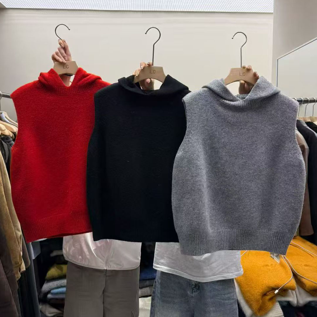 连帽无袖羊毛针织马甲女背心潮