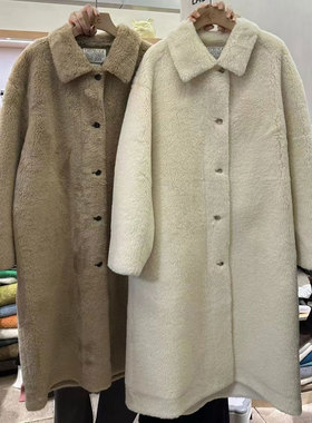 LAS CELULA正品实体店翻领粉色皮毛一体中长款外套女冬季宽松大衣