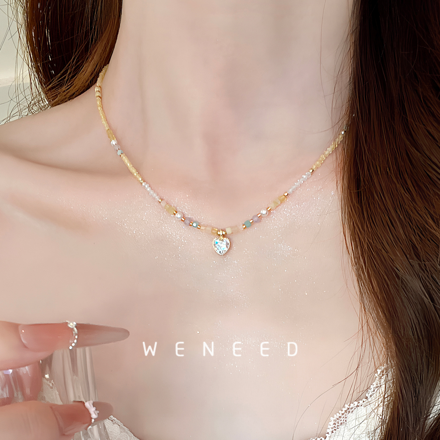 多巴胺串珠心形项链女