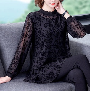 新品宽松小衫女高档洋气大码打底衫女蕾丝胖妈妈遮肚显瘦雪纺衫