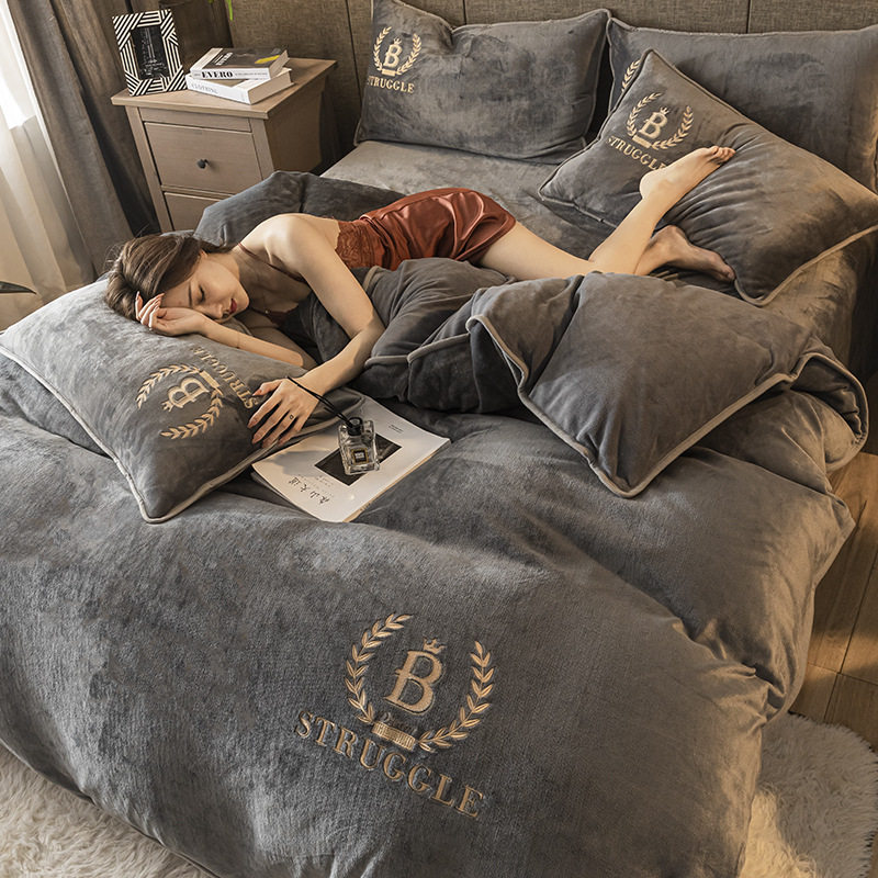 冬季牛奶绒法兰绒珊瑚绒珊加厚双面床单床笠款四件套绒被套