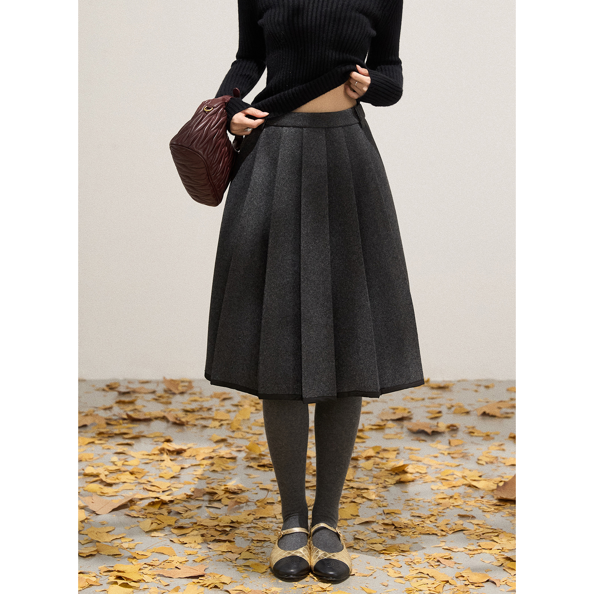 Mostar 复古气质灰色百褶毛呢半身裙女秋冬高腰宽松百搭a字中长裙