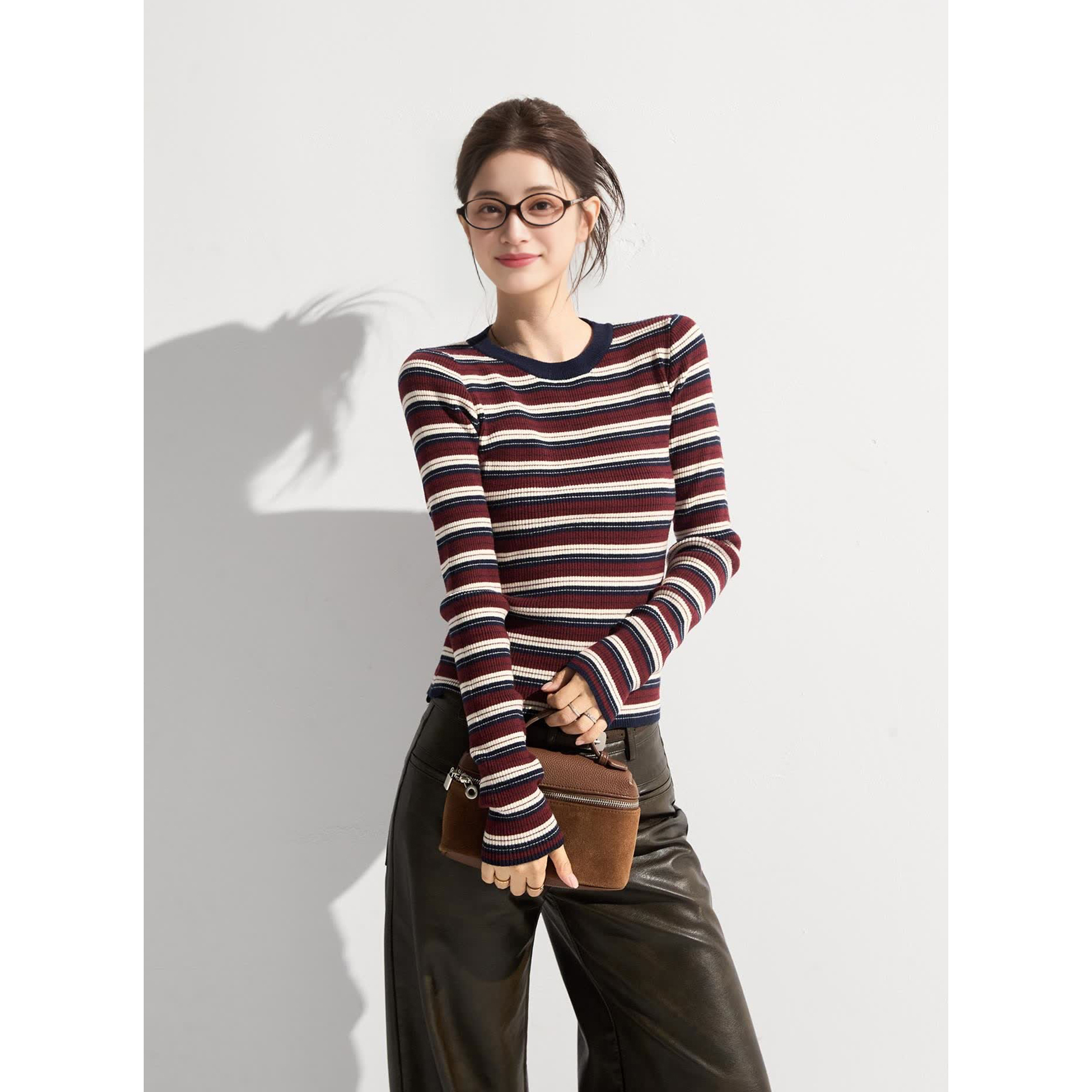 Mostar 美式复古条纹圆领正肩针织衫女秋季休闲修身显瘦短款上衣