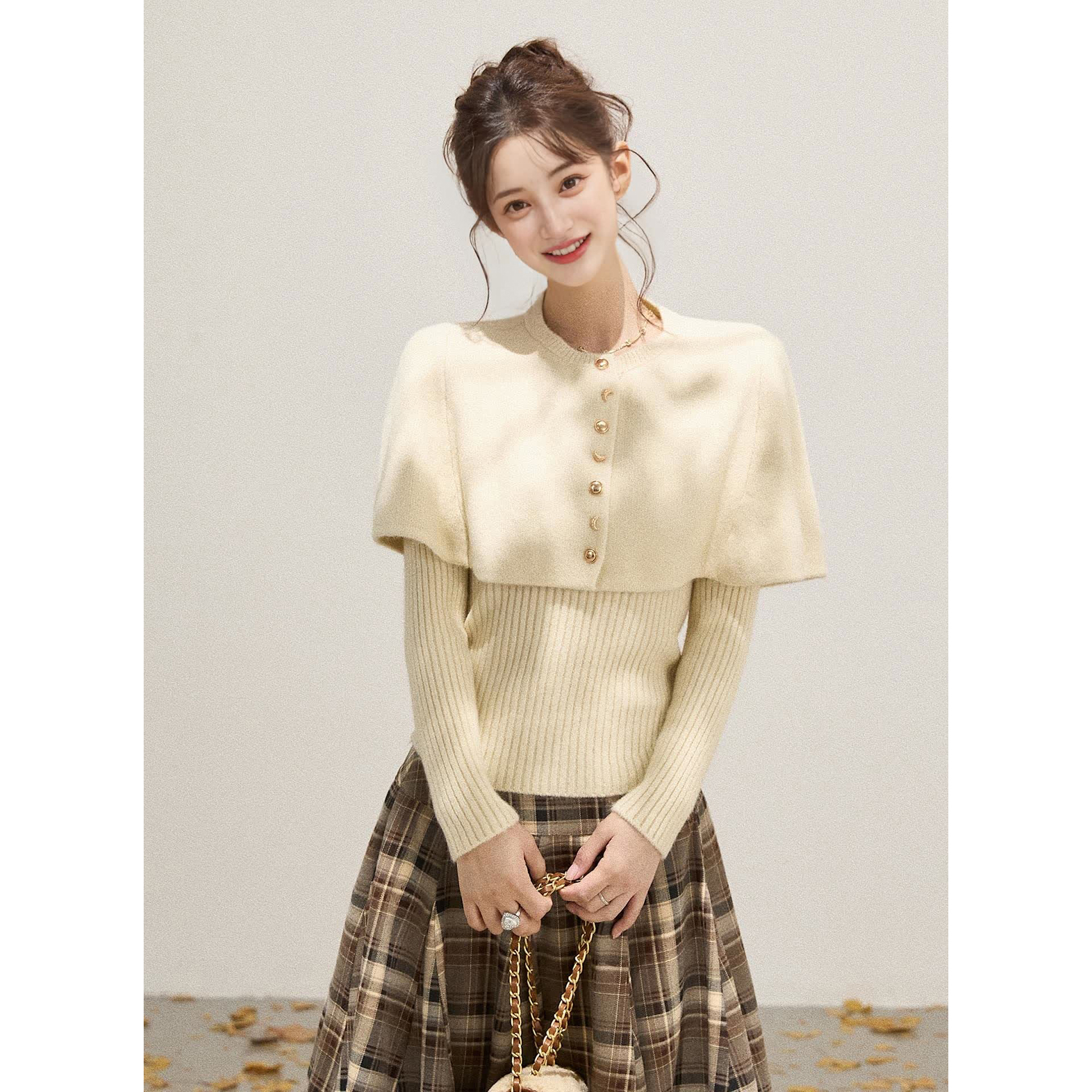 Mostar V领针织弹力修身打底衫女冬季气质斗篷外搭开衫披肩套装