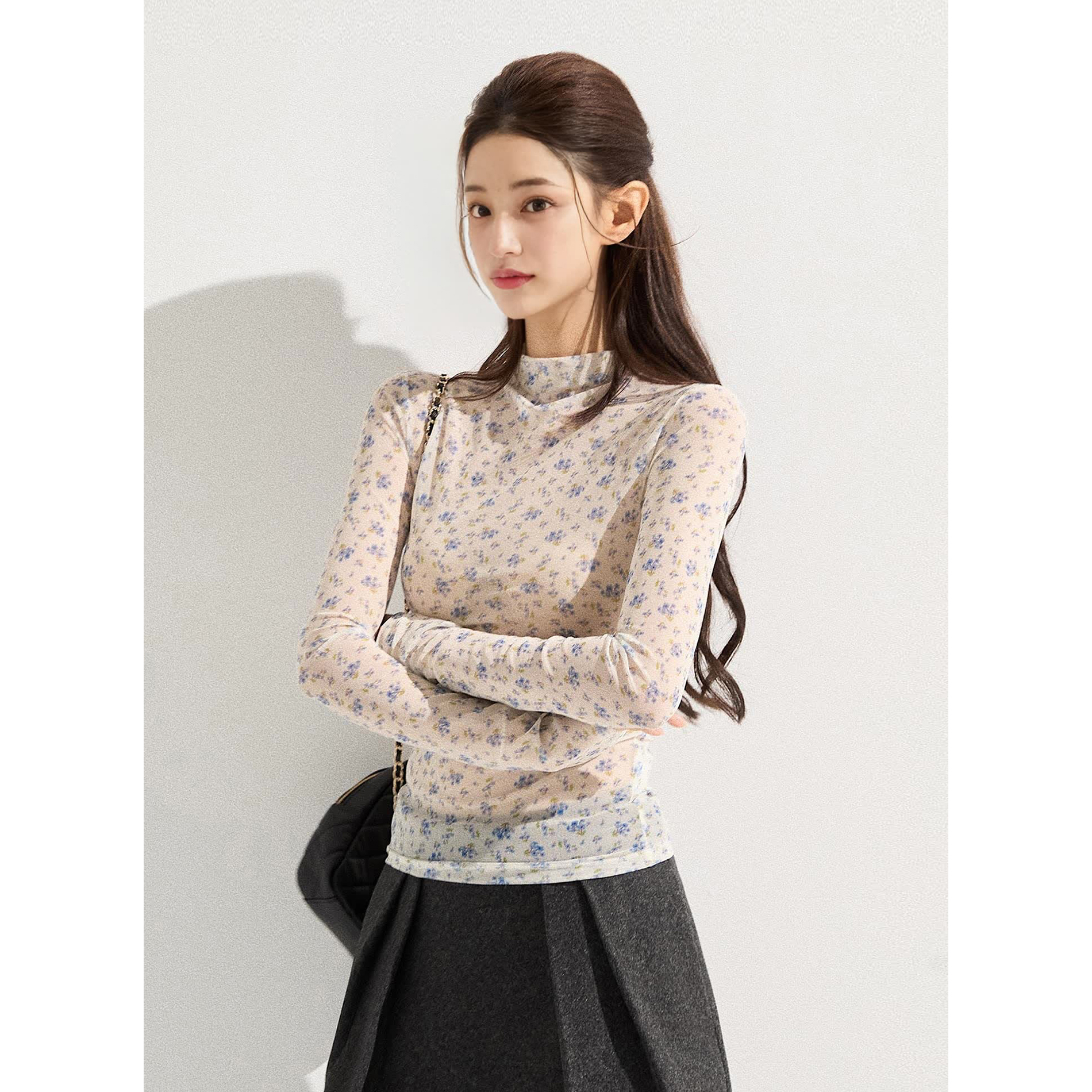 Mostar 高领碎花微透修身长袖T恤女秋冬复古设计感百搭打底上衣