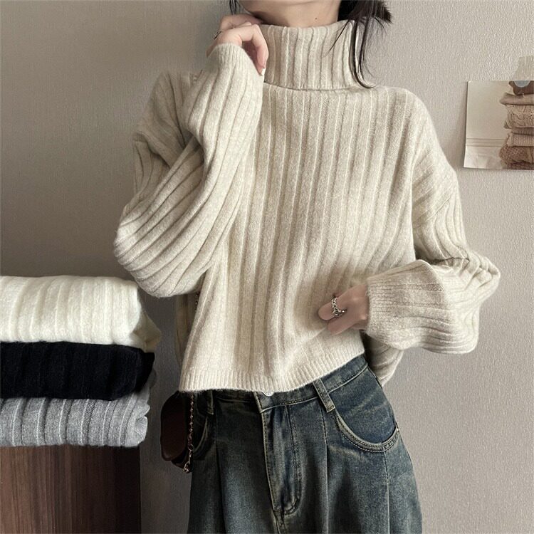 别致高领坑条短款毛衣女秋冬20毛衣