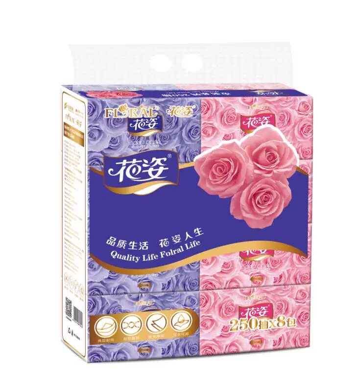 花姿8包金装500张纸巾抽纸家用餐巾纸卫生纸面巾纸可湿水擦手纸