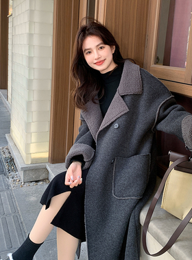 深灰色重磅羊羔毛外套女冬装2023年新款慵懒宽松大版过膝棉服大衣