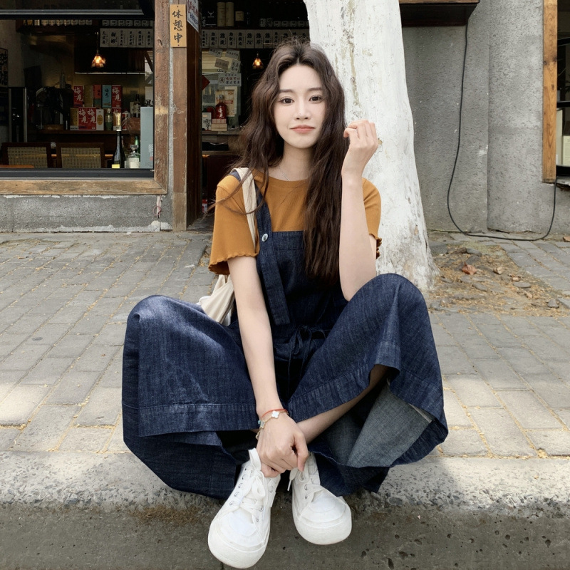韩系薄款牛仔背带裤女小个子夏季遮肚显瘦洋气九分阔腿裤两件套装