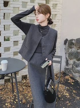 灰色时髦精穿搭马甲套装裙女秋季小香风三件套爆款ootd高级感韩系