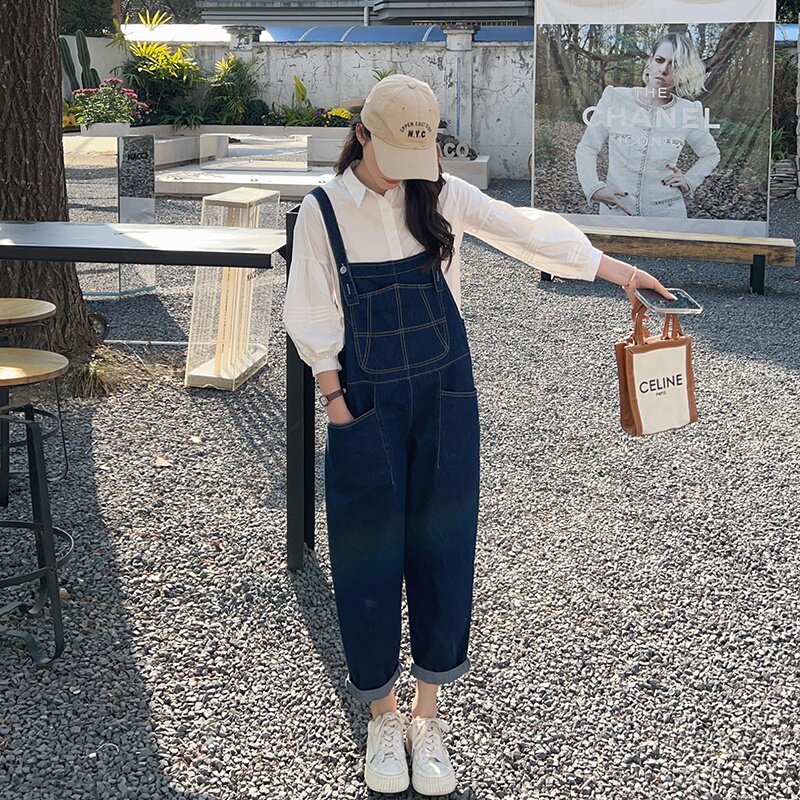 网红炸街牛仔背带裤两件套女春秋小个子韩版宽松2025奶系减龄套装