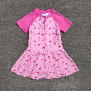 泳衣女孩火烈鸟防晒游泳衣 连体裙式 出口外贸儿童泳装 女中大童短袖