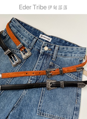 伊甸部落新款mk小牛皮磨砂复古个性双扣头时尚女士腰带皮带