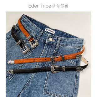 伊甸部落新款mk小牛皮磨砂复古个性双扣头时尚女士腰带皮带