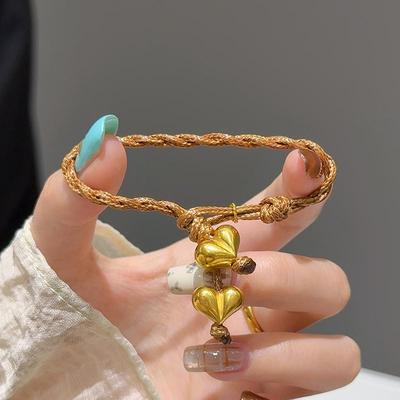 藤蔓屁桃手链简约时尚金包银爱心桃转运珠手工编绳情侣手串送女友