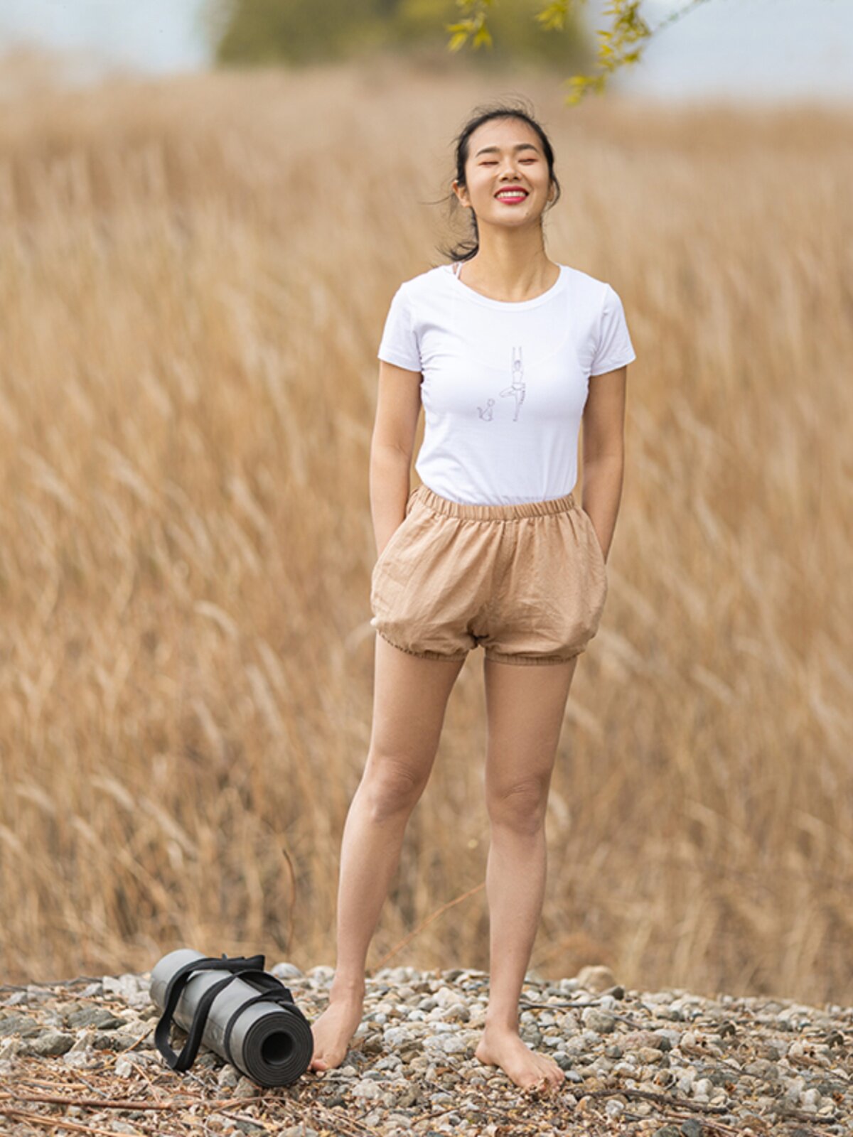 双城对白/艾扬格瑜伽短裤女棉麻透气宽松瑜伽服两侧有袋运动休闲