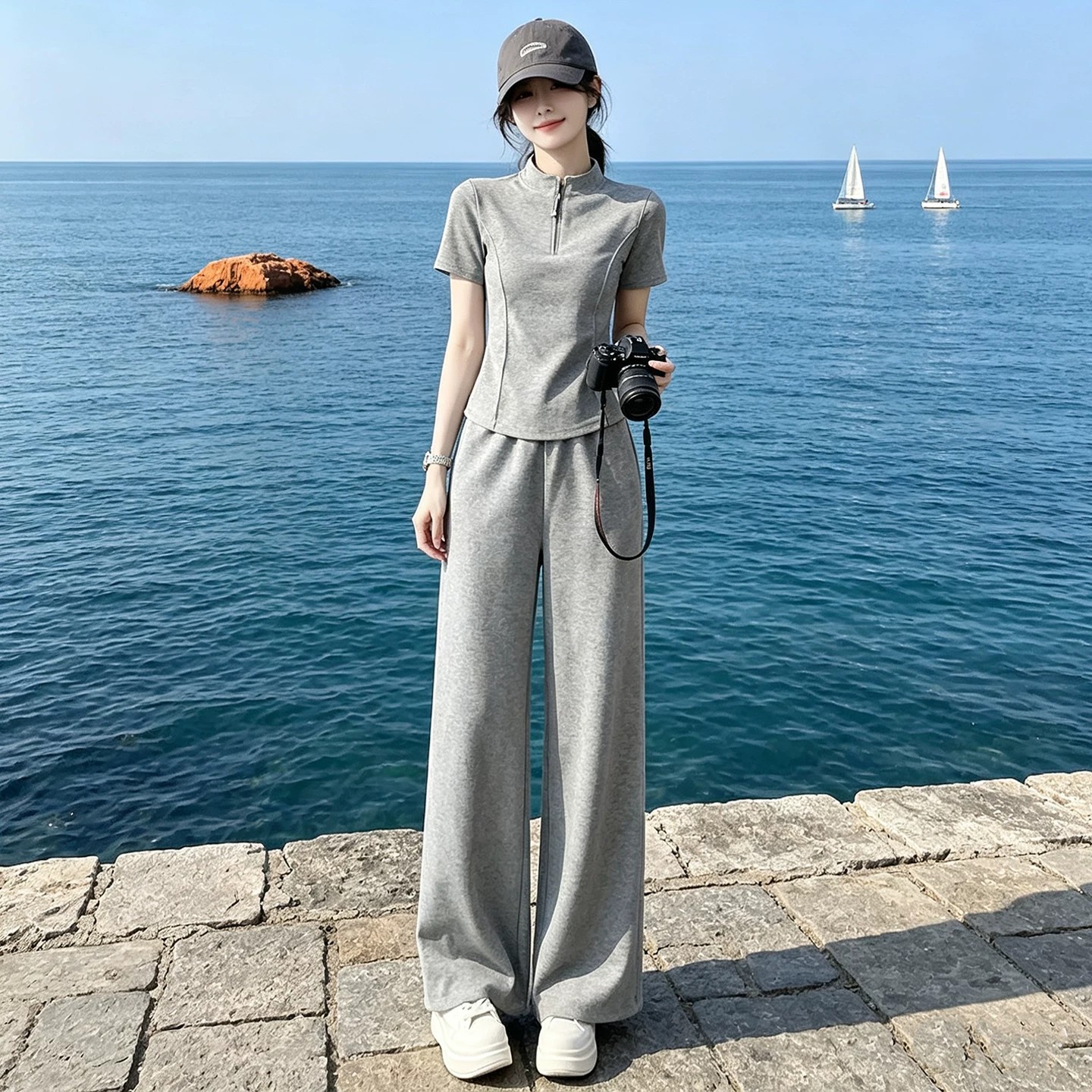 韩版灰色休闲运动套装女夏时尚减龄修身显瘦收腰短袖阔腿裤两件套