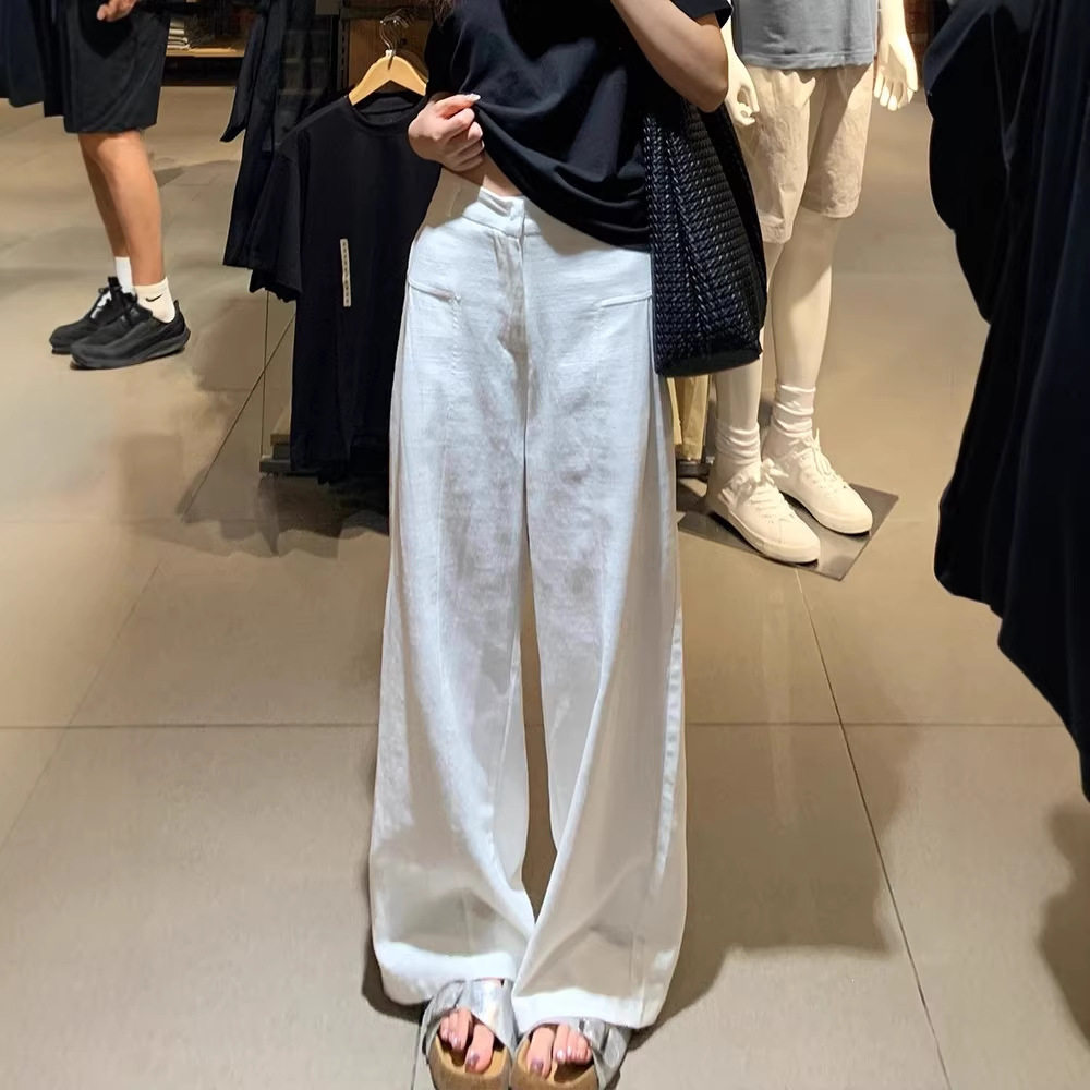 白色亚麻阔腿裤女春夏2026新款高腰宽松bf慵懒休闲纱麻西装长裤子