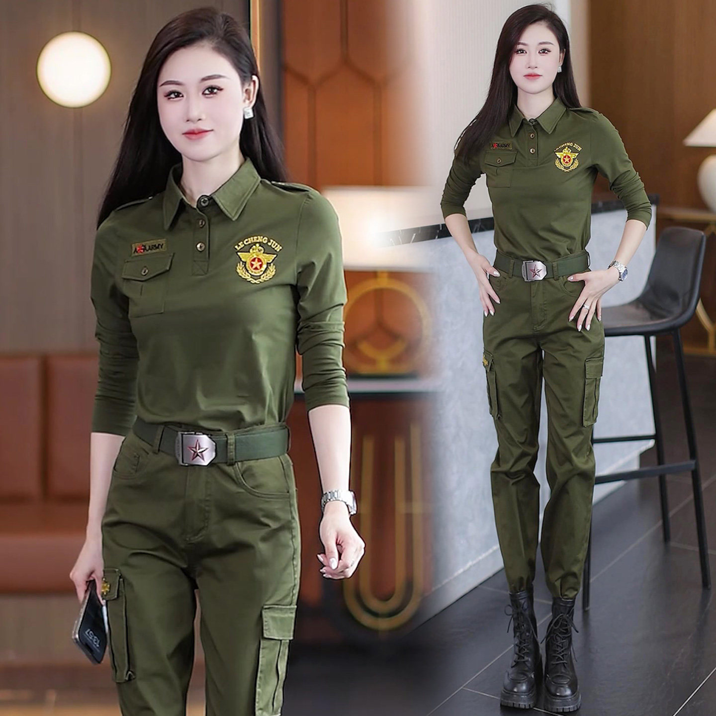 女士军绿迷彩服套装大码时尚潮