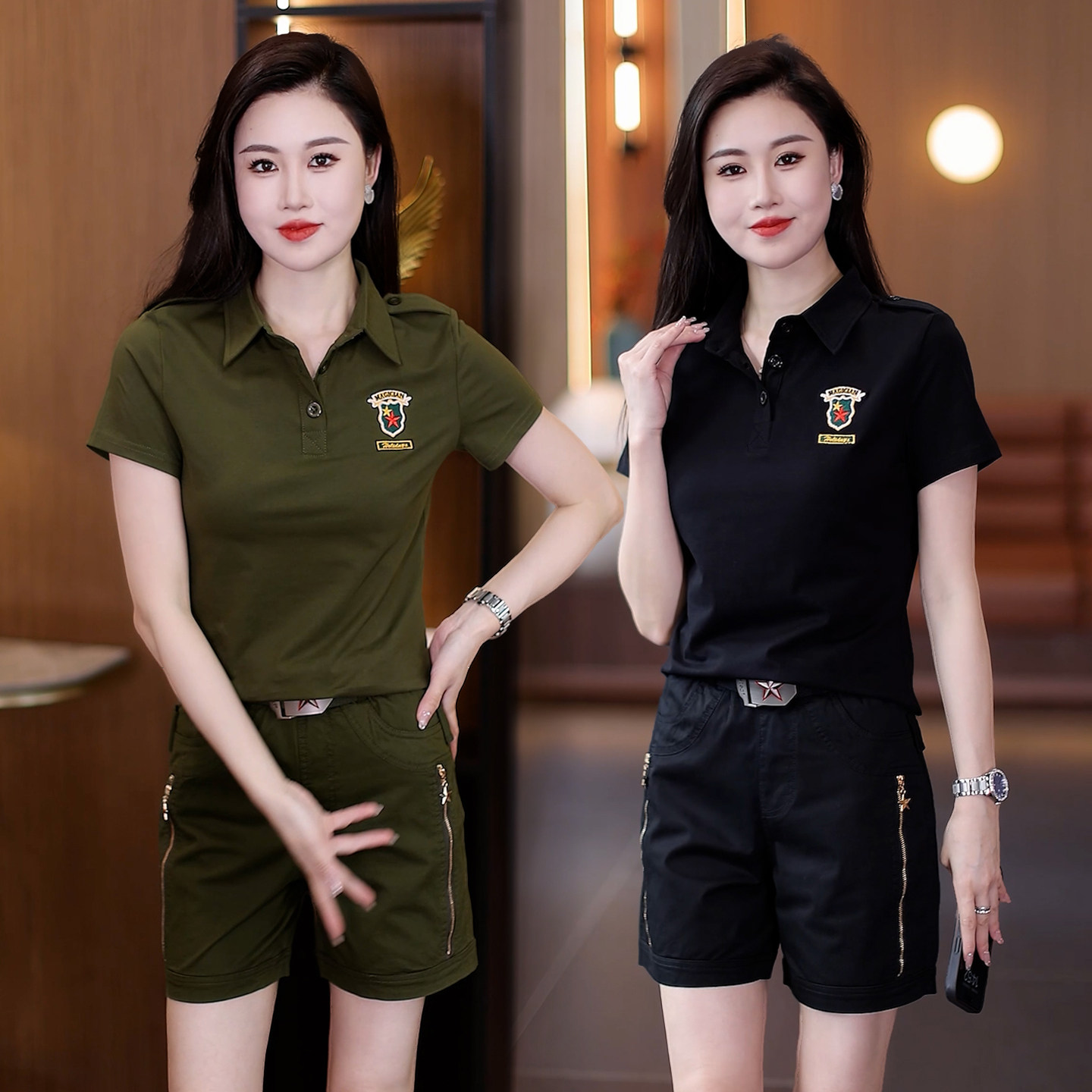 夏季新款迷彩服工装套装女水兵舞服短裤热裤显瘦薄款凉爽大码弹力