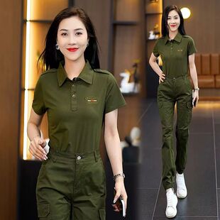 时尚迷彩服套装女装夏季新款短袖t恤大码运动休闲工装长裤两件套