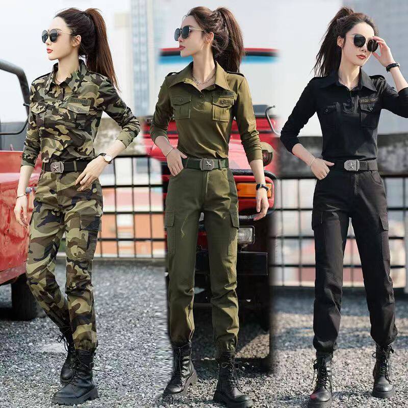 迷彩服套装女秋时尚工装两件套潮