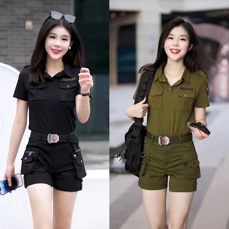 迷彩服套装女夏季新款短袖时尚运动薄款水兵舞口袋工装短裤两件套