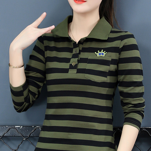 春秋新款长袖POLO领上衣大码弹力修身显瘦T恤短款条纹迷彩秋衣潮