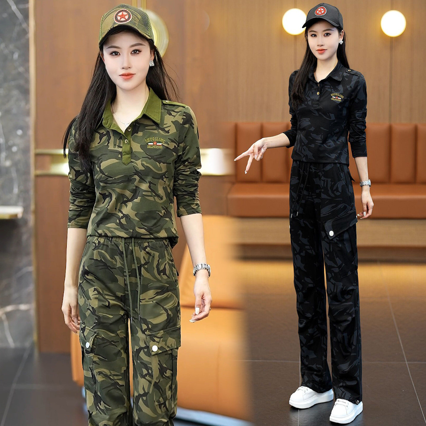 军旅春秋广场舞弹力迷彩服套装女士大码修身显瘦直筒长裤大口袋潮