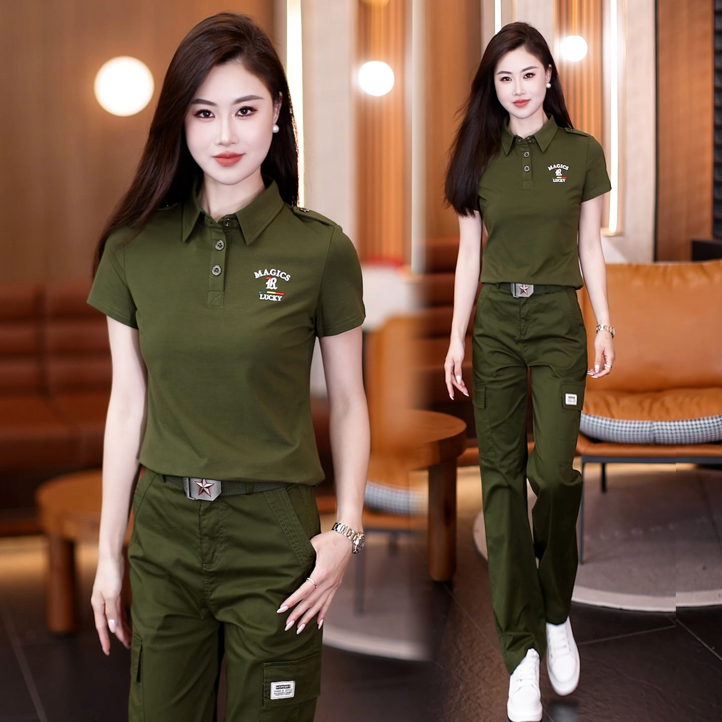 迷彩服套装女士大码新款工装运动休闲直筒裤两件套显瘦休闲时尚潮