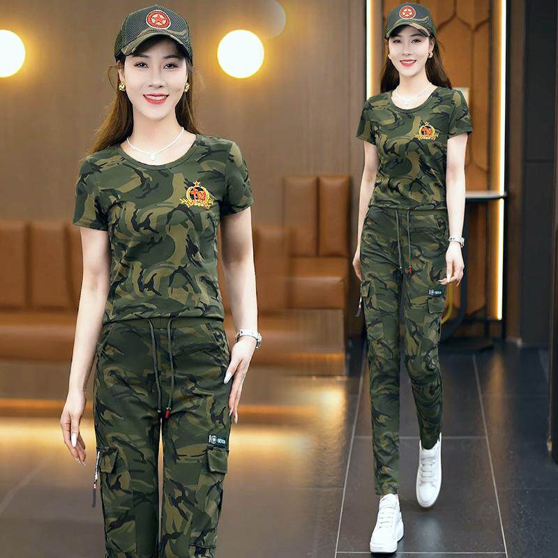 夏季新款迷彩服套装女士修身显瘦弹力棉圆领上衣短袖直筒裤团购潮