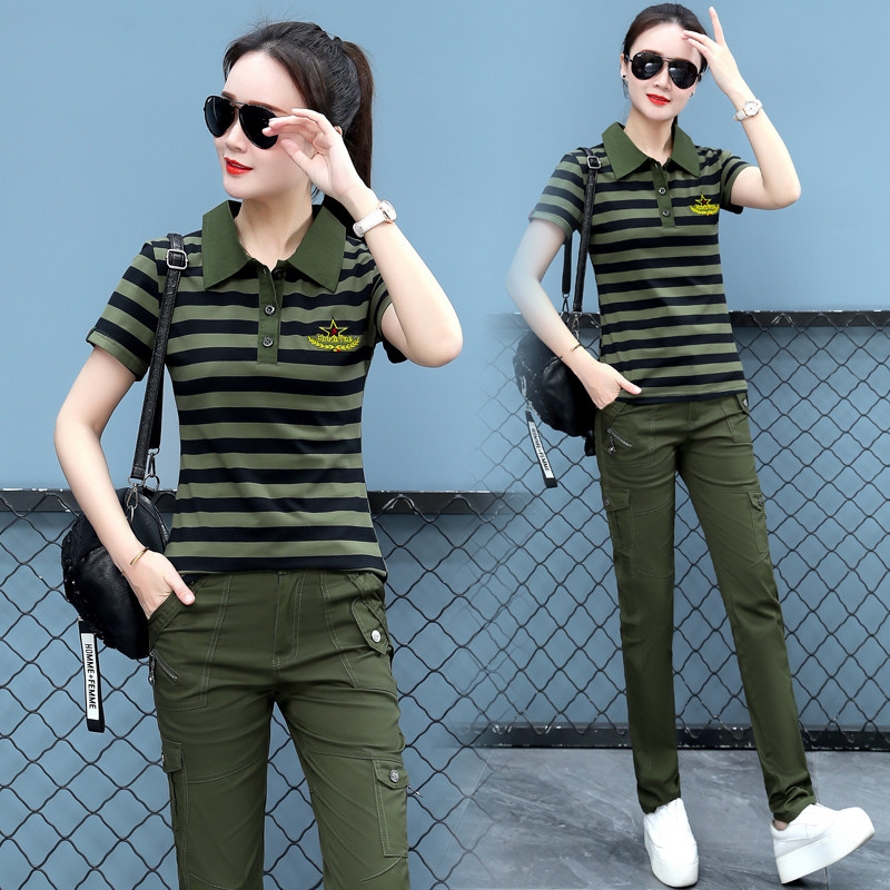 半袖军工装迷彩服套装女条纹夏季薄款大码显高短袖上衣修身t恤潮