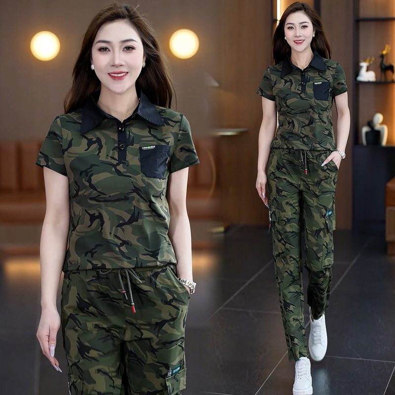 夏季迷彩服女士套装弹力棉质新款水兵舞服休闲时尚运动显瘦两件套