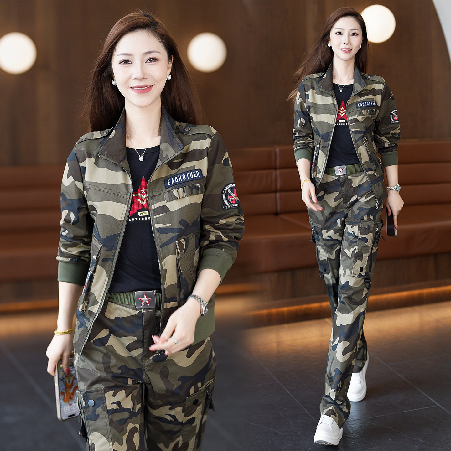 迷彩服女士套装春秋两件套工装潮