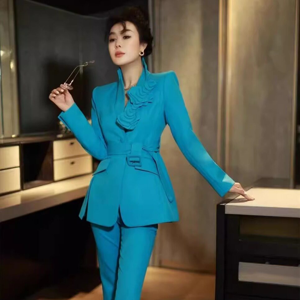 高级感轻奢重工立体花西服两件套女2025春秋季新款修身外套阔腿裤