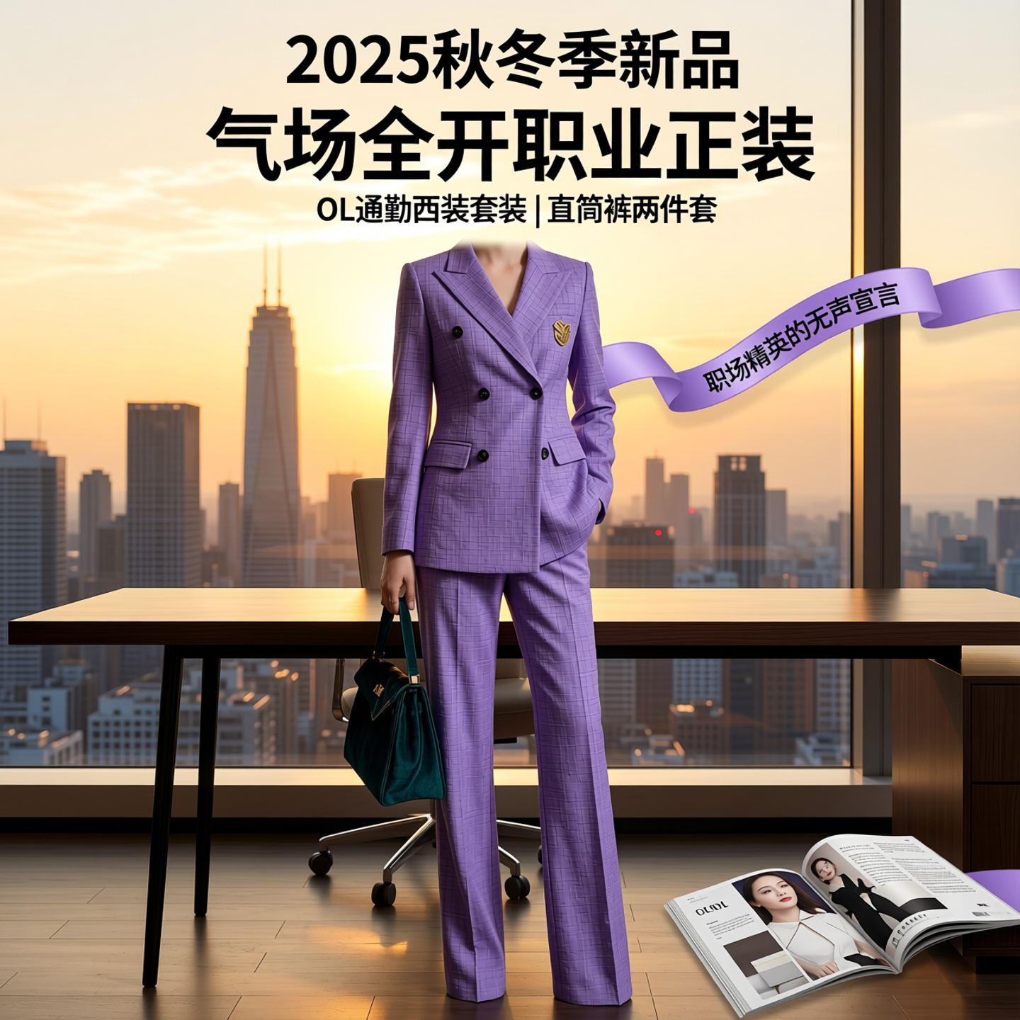 2026春秋紫色OL通勤西装两件套