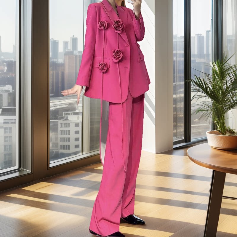 2026春秋gao级感时尚套装好看洋气减龄花朵西装阔腿裤两件套垫肩