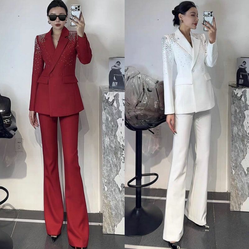 女春秋烫钻西装阔腿裤两件套